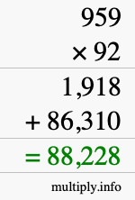 How to calculate 959 times 92 using long multiplication