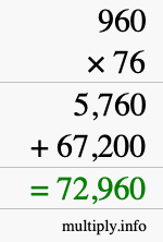 How to calculate 960 times 76 using long multiplication