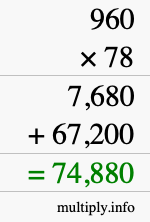How to calculate 960 times 78 using long multiplication