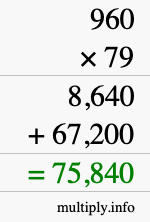 How to calculate 960 times 79 using long multiplication