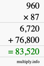 How to calculate 960 times 87 using long multiplication