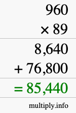 How to calculate 960 times 89 using long multiplication