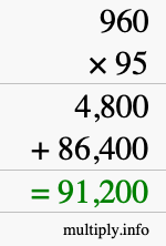 How to calculate 960 times 95 using long multiplication
