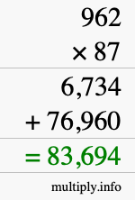 How to calculate 962 times 87 using long multiplication
