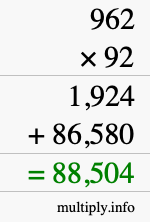 How to calculate 962 times 92 using long multiplication