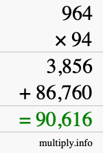 How to calculate 964 times 94 using long multiplication