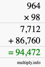 How to calculate 964 times 98 using long multiplication