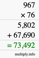 How to calculate 967 times 76 using long multiplication