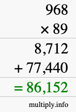 How to calculate 968 times 89 using long multiplication