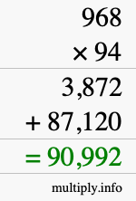 How to calculate 968 times 94 using long multiplication