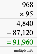 How to calculate 968 times 95 using long multiplication