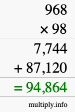 How to calculate 968 times 98 using long multiplication