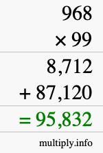 How to calculate 968 times 99 using long multiplication