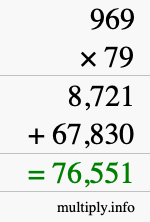 How to calculate 969 times 79 using long multiplication
