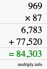 How to calculate 969 times 87 using long multiplication