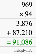 How to calculate 969 times 94 using long multiplication