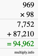 How to calculate 969 times 98 using long multiplication
