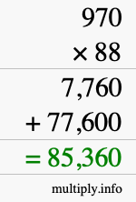 How to calculate 970 times 88 using long multiplication