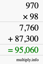 How to calculate 970 times 98 using long multiplication