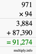 How to calculate 971 times 94 using long multiplication
