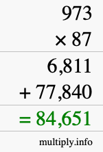 How to calculate 973 times 87 using long multiplication