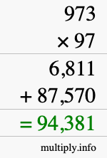 How to calculate 973 times 97 using long multiplication