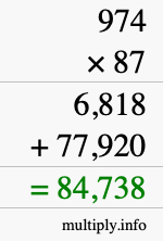 How to calculate 974 times 87 using long multiplication