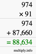 How to calculate 974 times 91 using long multiplication