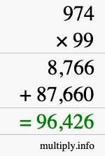 How to calculate 974 times 99 using long multiplication