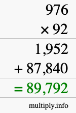 How to calculate 976 times 92 using long multiplication