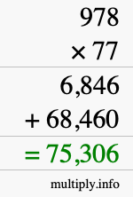 How to calculate 978 times 77 using long multiplication