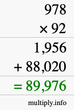 How to calculate 978 times 92 using long multiplication