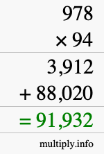 How to calculate 978 times 94 using long multiplication