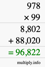 How to calculate 978 times 99 using long multiplication