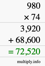 How to calculate 980 times 74 using long multiplication