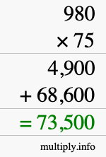 How to calculate 980 times 75 using long multiplication