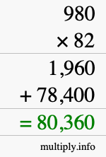 How to calculate 980 times 82 using long multiplication