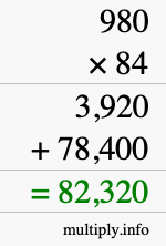 How to calculate 980 times 84 using long multiplication