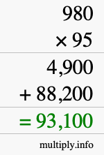How to calculate 980 times 95 using long multiplication How to calculate 980 times 95 using long multiplication