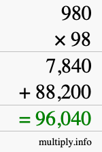 How to calculate 980 times 98 using long multiplication
