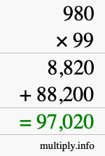 How to calculate 980 times 99 using long multiplication