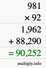 How to calculate 981 times 92 using long multiplication