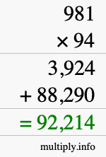 How to calculate 981 times 94 using long multiplication