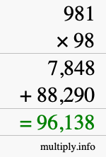 How to calculate 981 times 98 using long multiplication