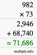 How to calculate 982 times 73 using long multiplication