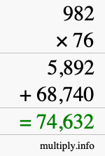 How to calculate 982 times 76 using long multiplication
