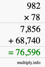 How to calculate 982 times 78 using long multiplication