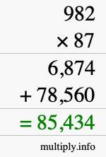How to calculate 982 times 87 using long multiplication