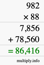 How to calculate 982 times 88 using long multiplication