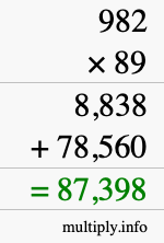 How to calculate 982 times 89 using long multiplication